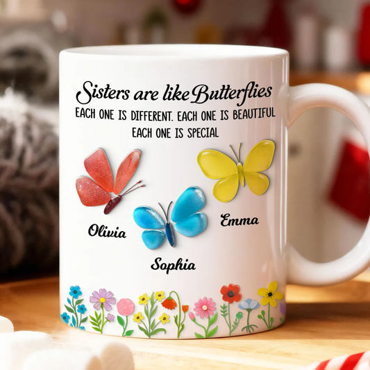 Sisters Are Like Butterflies 3D Effect Sea Glass - Personalized Mug - Christmas Gift for Sisters, Siblings