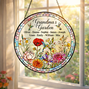 Personalized Birth Month Flowers Stained Glass Suncatcher, Hummingbird Suncatcher, Custom Grandma's Garden Gift, Grandkids Name Flower