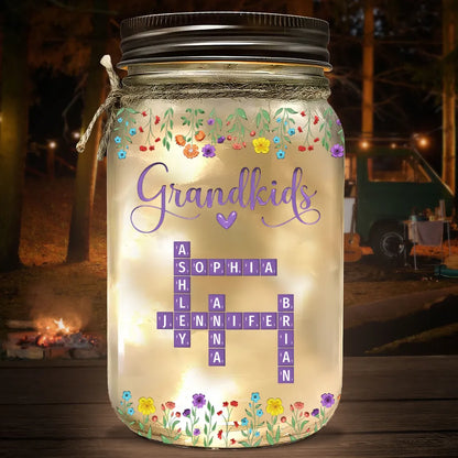 Grandkids Purple Crossword Wildflower Pattern - Personalized Mason Jar Light - Gift For Grandma Mom, Mother's Day, Birthday Gift
