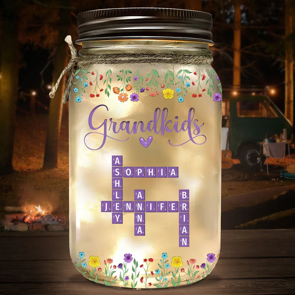 Grandkids Purple Crossword Wildflower Pattern - Personalized Mason Jar Light - Gift For Grandma Mom, Mother's Day, Birthday Gift