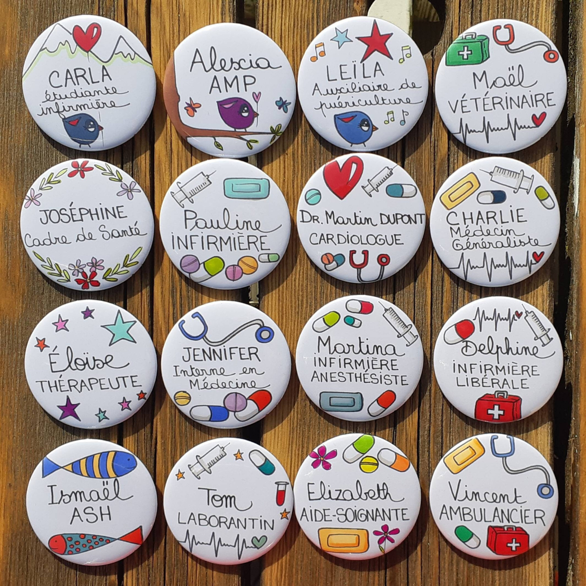 Personalized medical or non-medical Pin Buttons , For nurse, doctor, nursing assistant, secretary, ASH, assistant, pharmacy