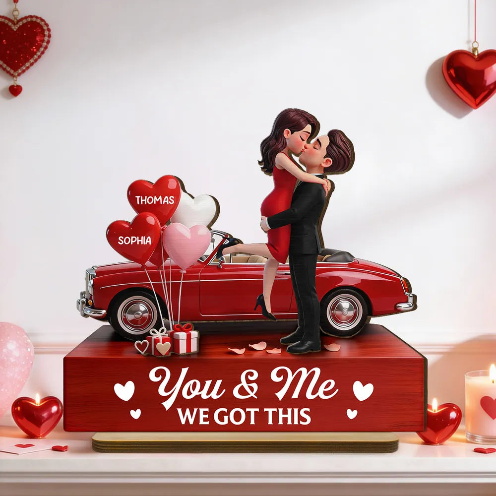 Valentine Car Romantic Couple Hugging Kissing - Personalized Wooden Plaque With Flat Base - Valentine's Day Gift For Couple