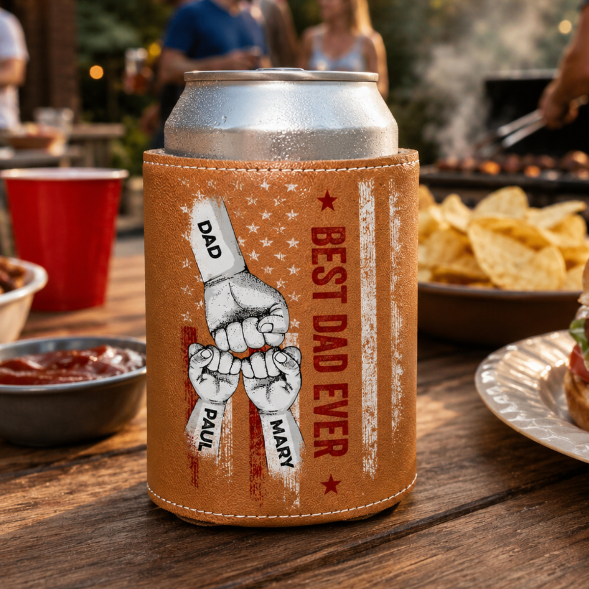 Best Dad Ever Dad & Kid Fist Bump - Personalized Leather Can Cooler - Gift For Dad, Grandpa, Father's Day
