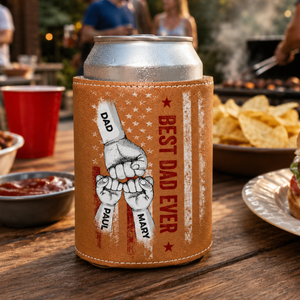 Best Dad Ever Dad & Kid Fist Bump - Personalized Leather Can Cooler - Gift For Dad, Grandpa, Father's Day