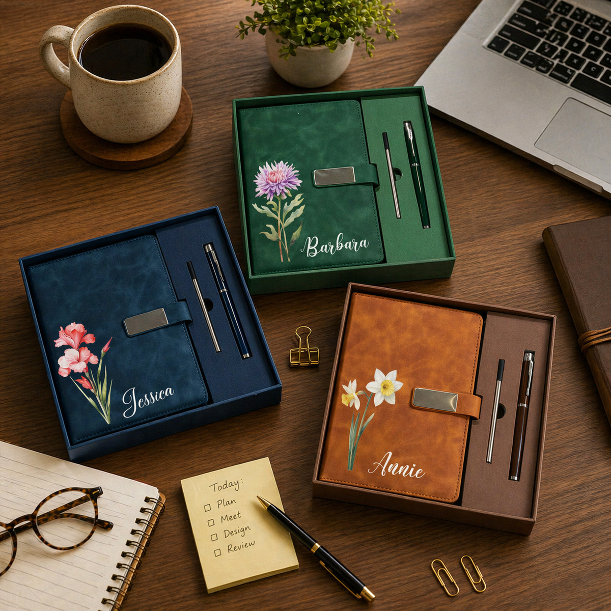 Personalized Birth Flower Leather Notebook With Pen, Custom Leather Journal For Daughter Graduation, Friend & Colleague Birthday Gift