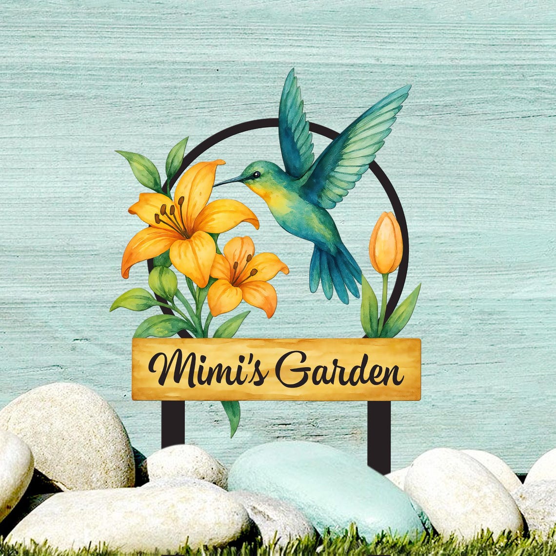 Custom Hummingbird Metal Garden Sign, Bird with Stakes Garden Decor, Mother's Day Gardening Gift, Nana's Blessings, Gardener Name Sign