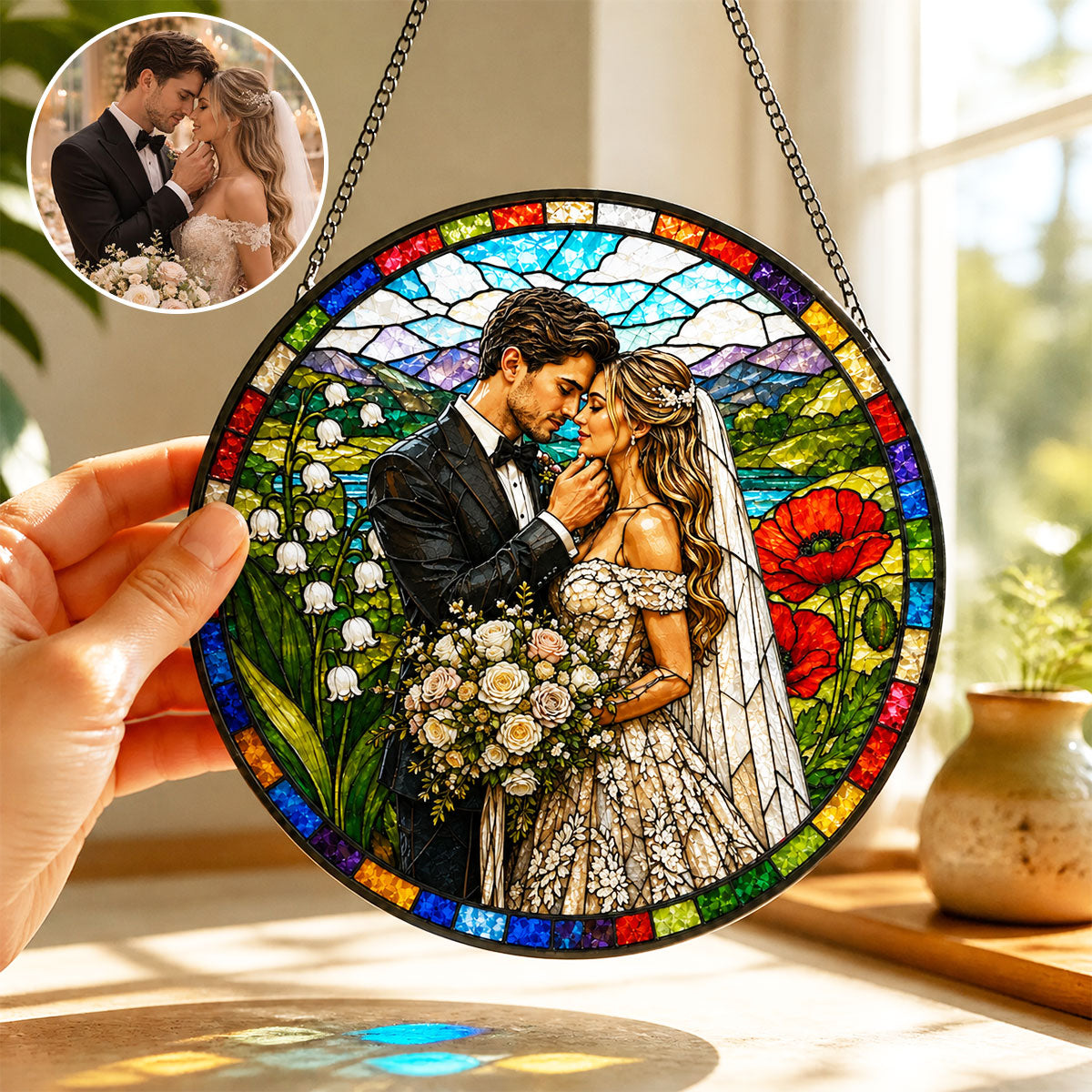 Custom Photo Suncatcher, Personalized Stained Glass Window Hanging, Couple Portrait Gift, Photo to Glass Art, Unique Picture Keepsake