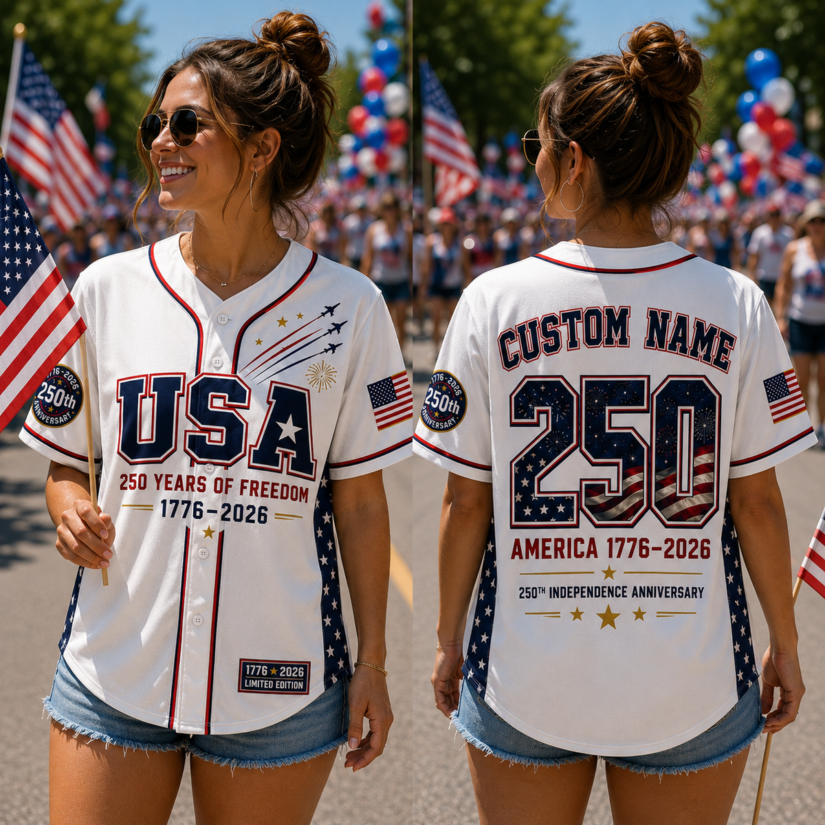 Personalized USA 250 Baseball Jersey, Custom Name America 1776 2026 Jersey, 250 Years of Freedom Patriotic Shirt, 4th of July Gift