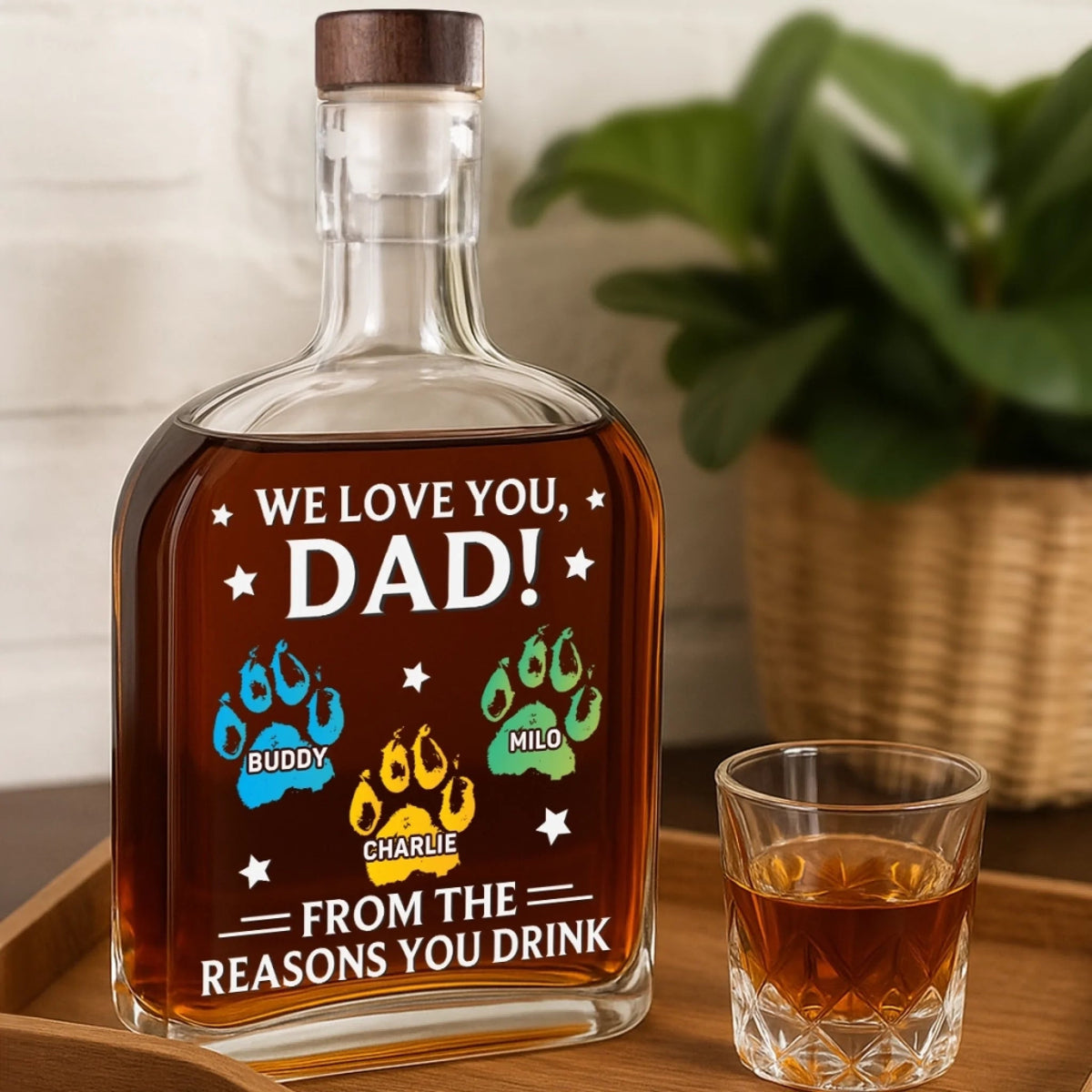 To Dad From The Reasons You Drink Cat & Dog Paw - Personalized Whiskey Bottle - Gift For Cat Dad, Dog Dad, Father's Day