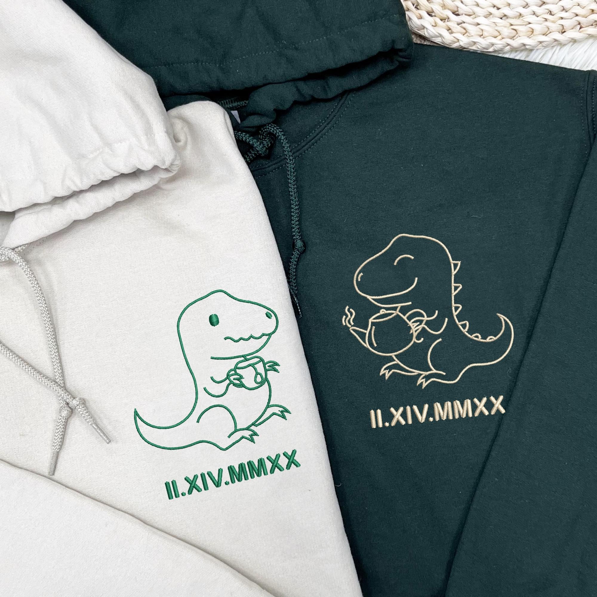 Tea-Rex Embroidered Apparel, Embroidered Roman Numeral Matching Couple Shirt, Gifts For Couples