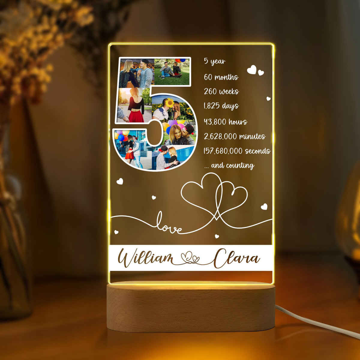 Custom Night light with Couples Name & Photo, 5th Anniversary Romantic Gift for Wife, Gift for Husband, Valentines Gift, Gifts for Couple, Picture Led Light