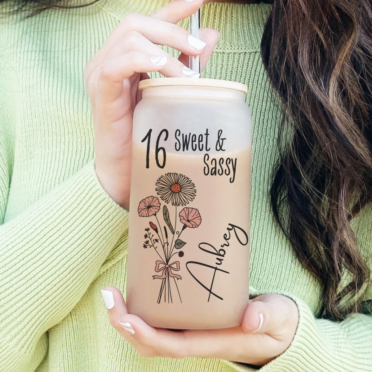 16th Birthday Glass Tumbler, Turning 16 Gift With Birthflower Glass Tumbler, 16 Year Old Gift Iced Coffee Cup, Sweet Sixteen Birthday Glass With Flower