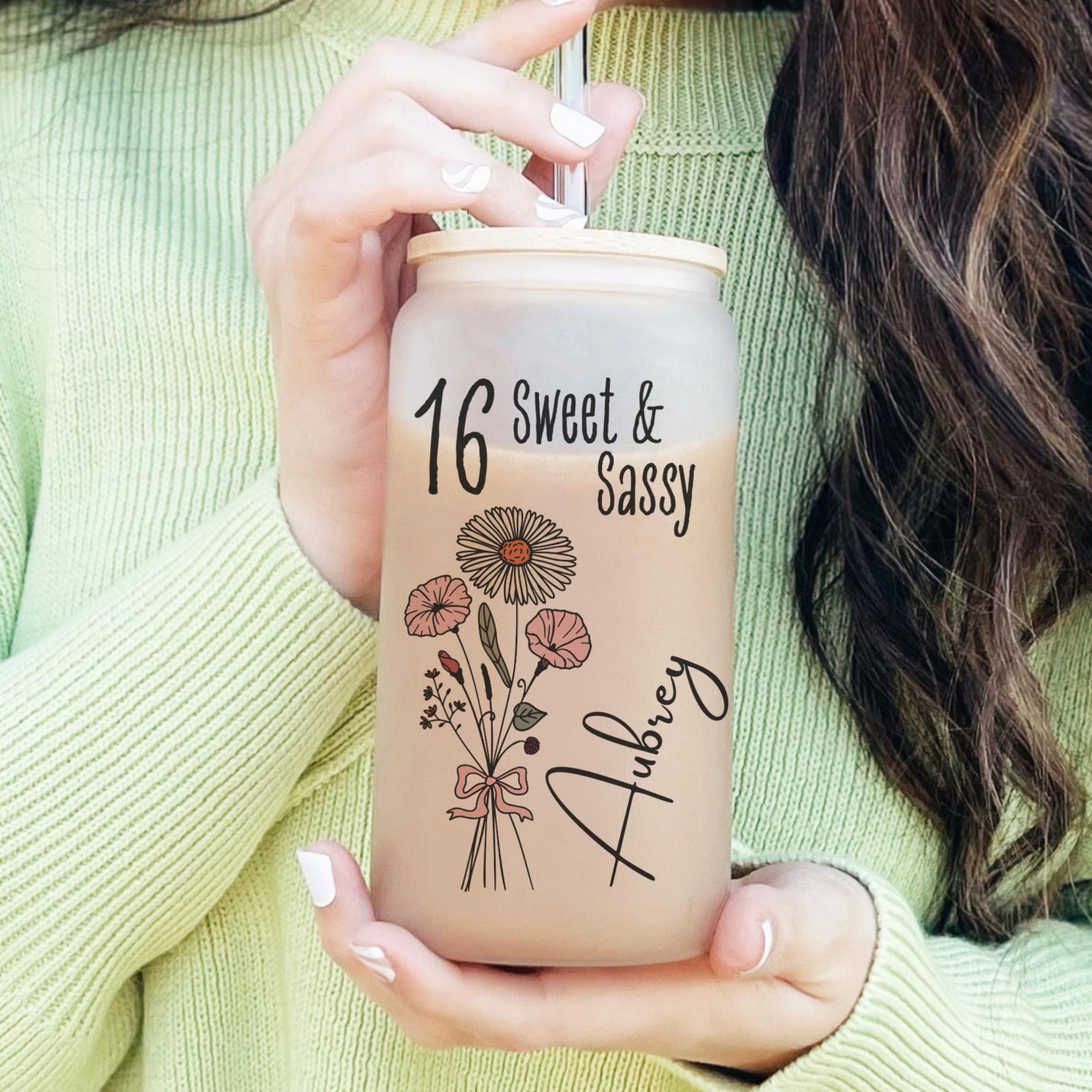 16th Birthday Glass Tumbler, Turning 16 Gift With Birthflower Glass Tumbler, 16 Year Old Gift Iced Coffee Cup, Sweet Sixteen Birthday Glass With Flower