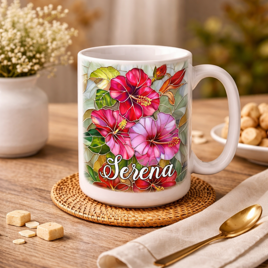 Custom Name Floral Coffee Mug, Personalized Flower Mug, Stained Glass Flower Mug, Mother's Day Gift for Mom