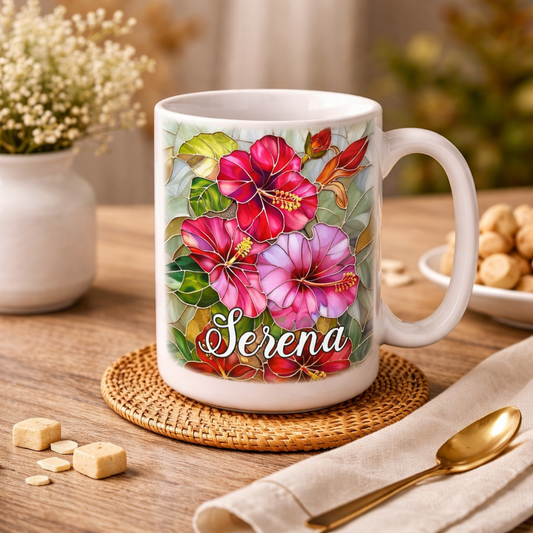 Custom Name Floral Coffee Mug, Personalized Flower Mug, Stained Glass Flower Mug, Mother's Day Gift for Mom
