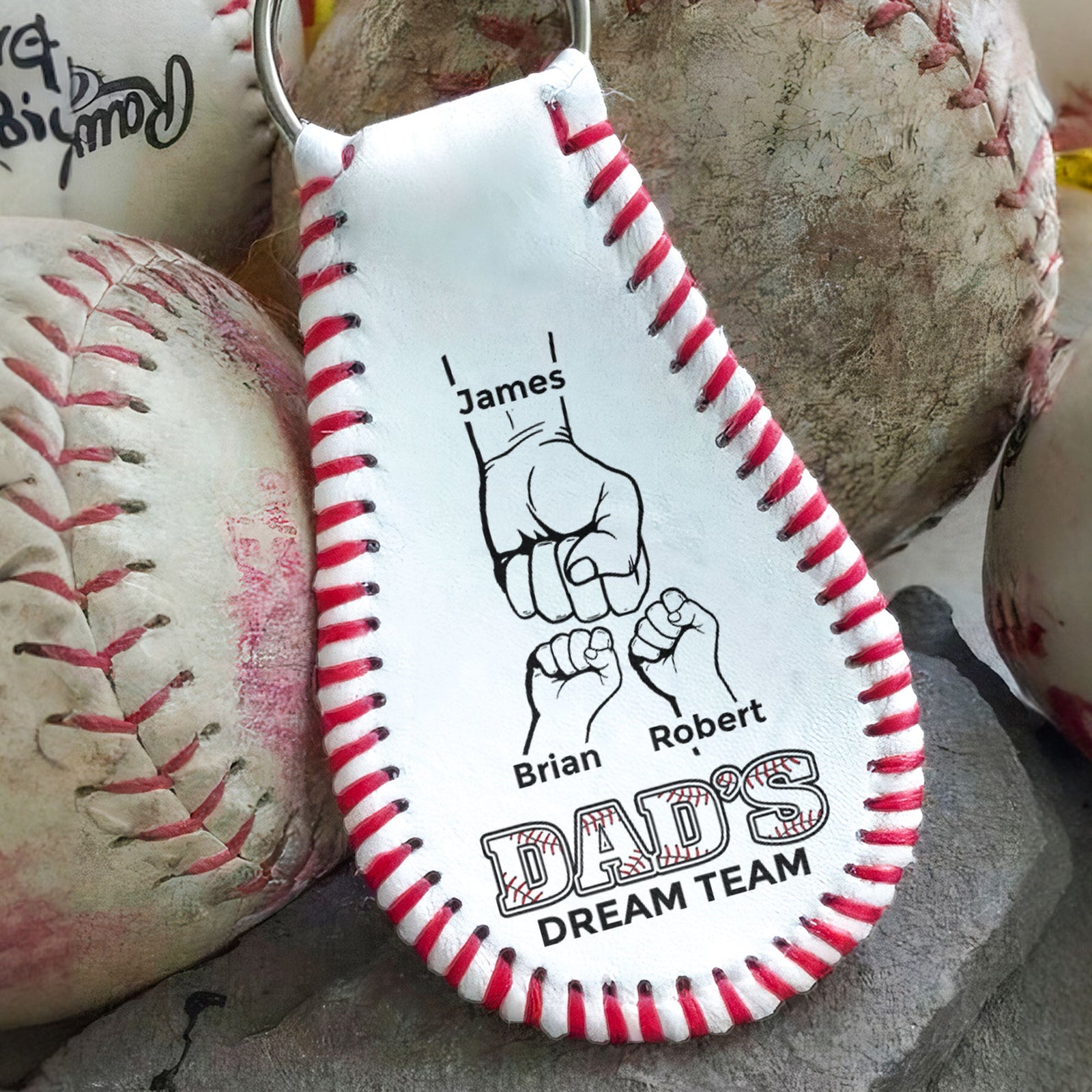 Daddy Fist Bump - Personalized Leather Baseball Keychain - Gift For Baseball Dad, Father's Day Gift