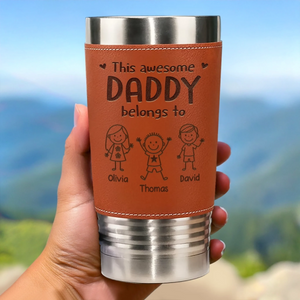 This Awesome Dad Belongs To Kids - Personalized Leather Tumbler - Gift For Dad, Grandpa, Father's Day Gift