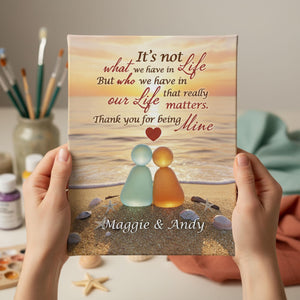 Custom Sea Glass Couple Canvas, Personalized Beach Sunset Anniversary Gift, Wedding Keepsake