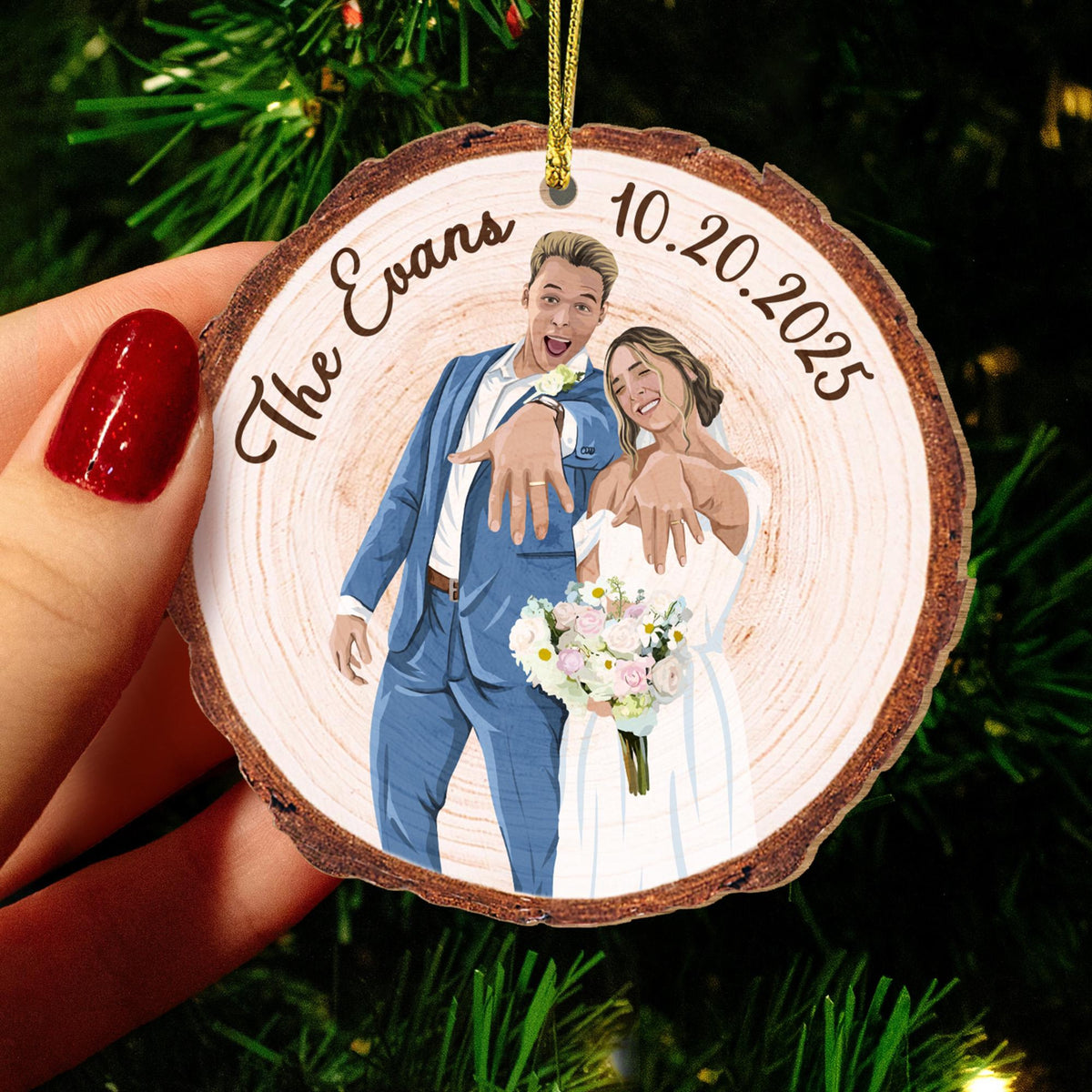 Personalized Christmas Married Ornament, Custom Portrait From Photo Wooden Ornament, Wedding Keepsake Gift, Newly Wedding Gift For Couples