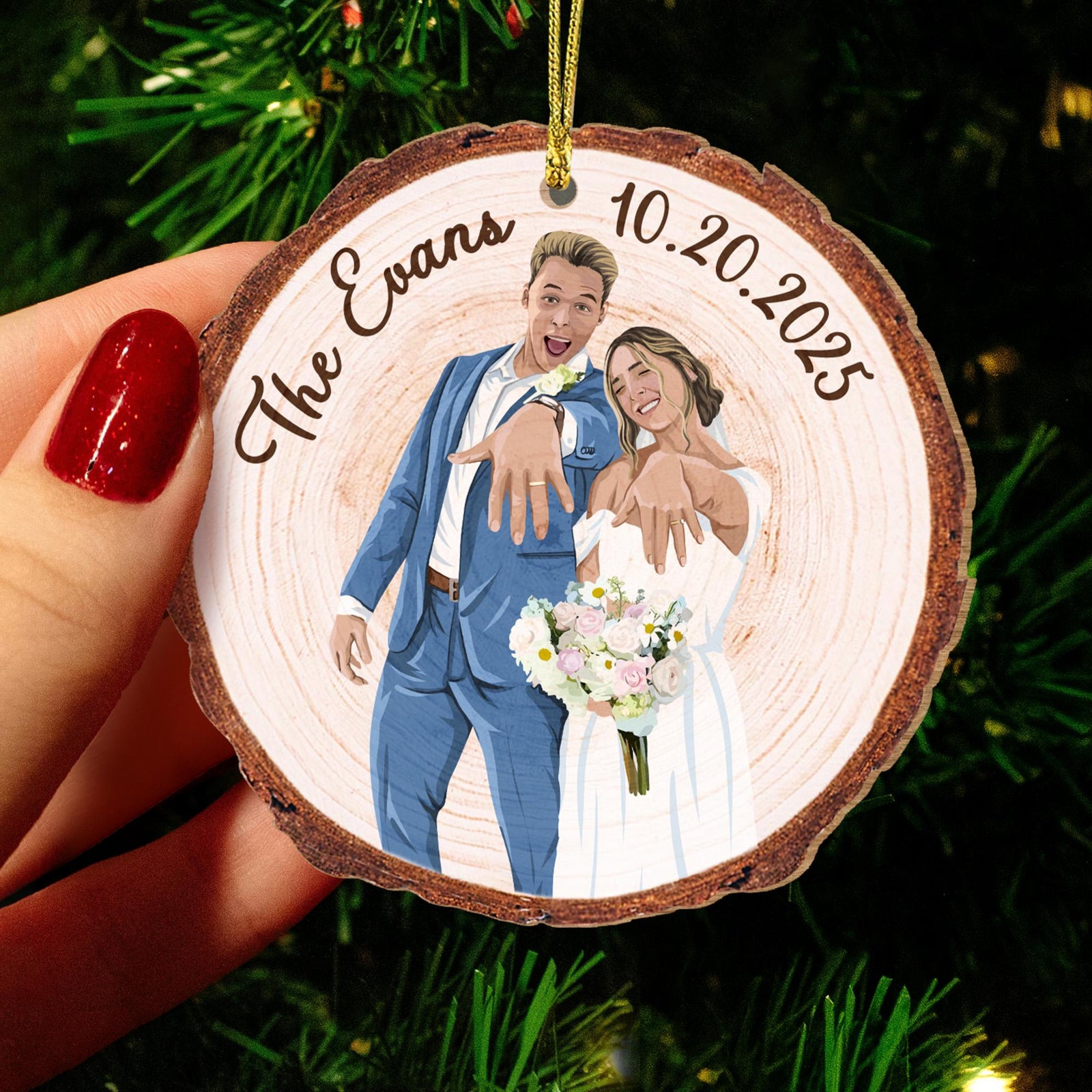 Personalized Christmas Married Ornament, Custom Portrait From Photo Wooden Ornament, Wedding Keepsake Gift, Newly Wedding Gift For Couples