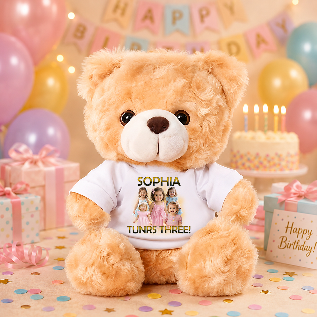 Birthday Teddy Bear Plush - Custom Photo and Name - Personalized Teddy Bear