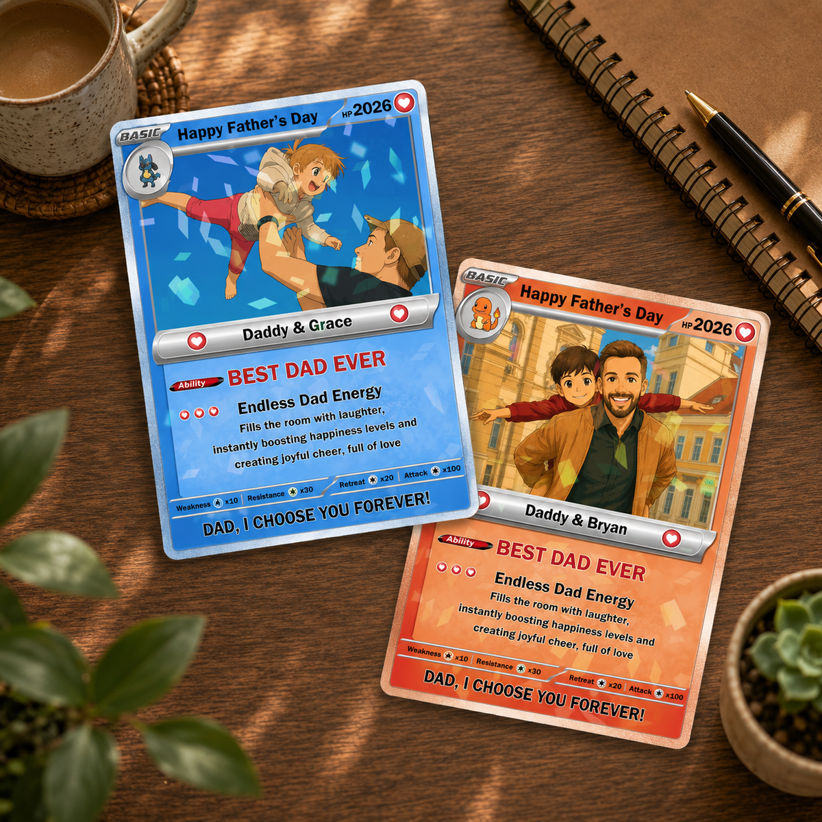 Personalized PKM Father's Day Card, Custom Dad Photo Card, Best Dad Ever, Custom PKM Character Card for Him, Gamer Dad Gift