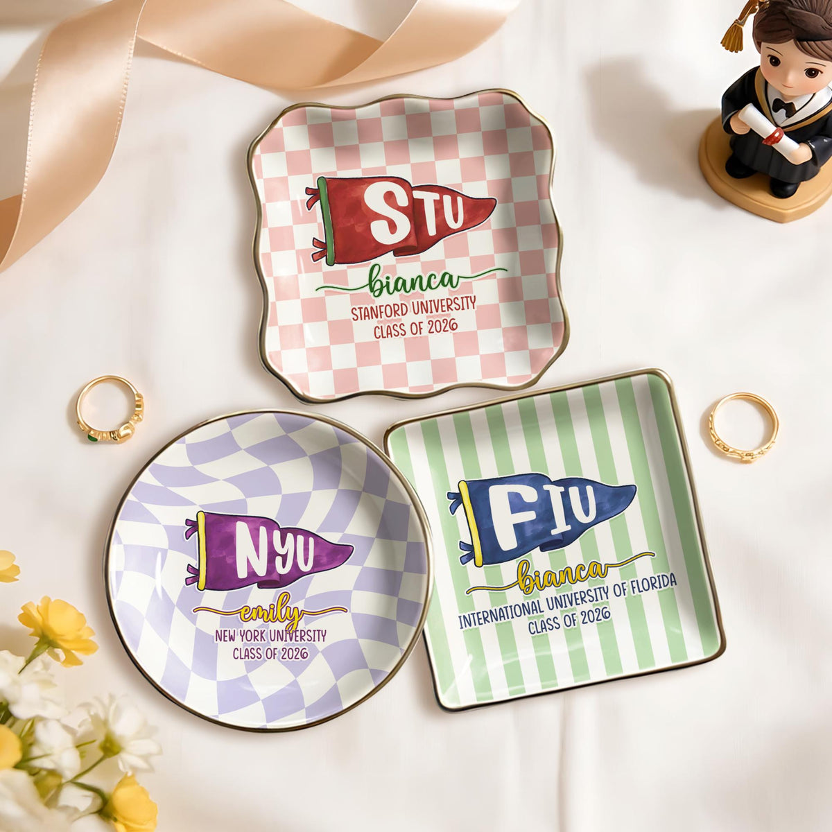 Custom School Pennant Flag Ring Dish, Personalized College Graduation Gifts for Her, Class of 2026 Keepsake Gift