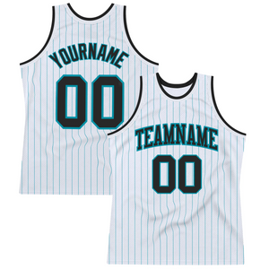 Custom White Teal Pinstripe Black Authentic Basketball Jersey