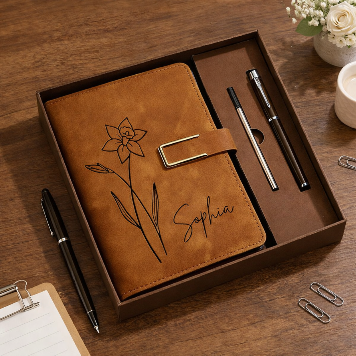Birth Flower Leather Journal, Personalized Name Notebook Set, Graduation Gifts for Her, Gift For Daughter