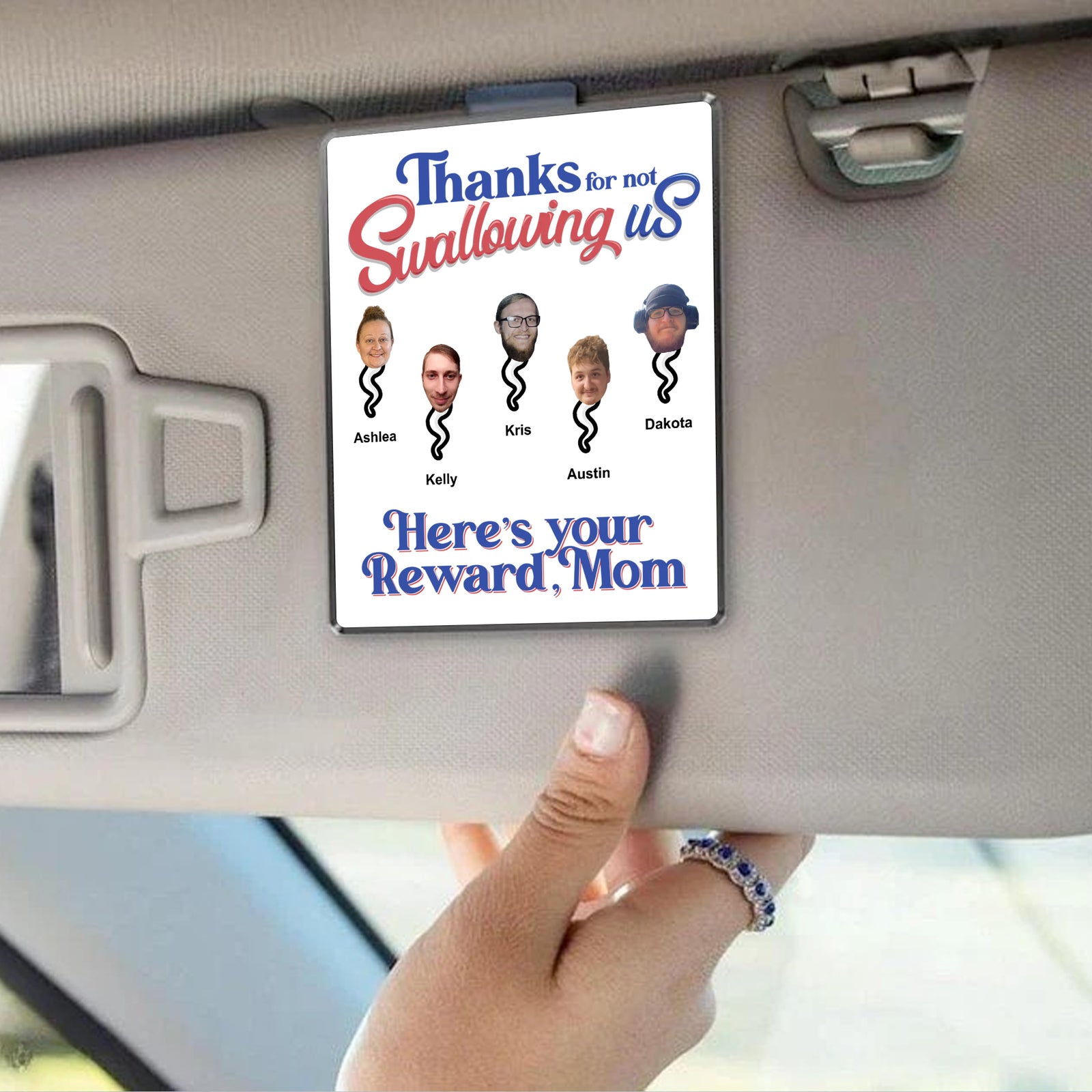 Personalized Car Visor Clip - Thanks For Not Swallowing Us - Funny Mother's Day Birthday Gift For Mom Mother Wife
