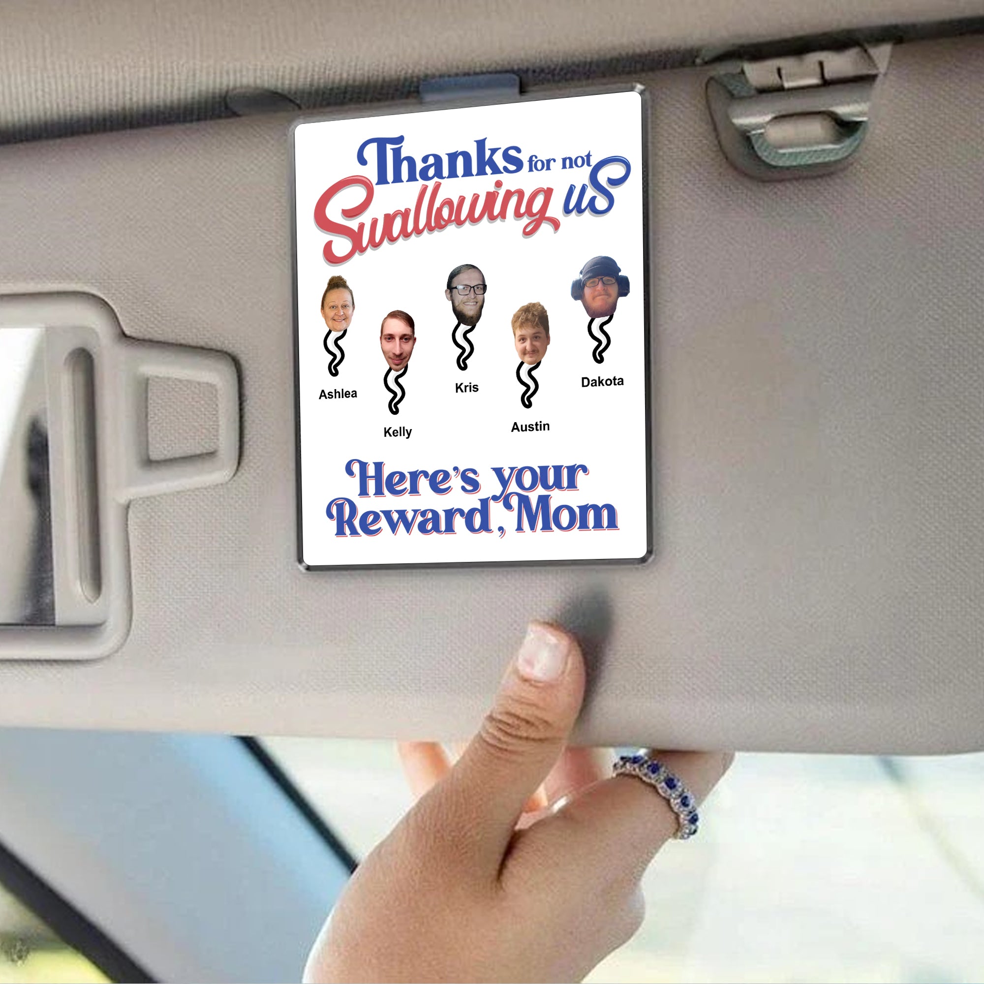 Personalized Car Visor Clip - Thanks For Not Swallowing Us - Funny Mother's Day Birthday Gift For Mom Mother Wife