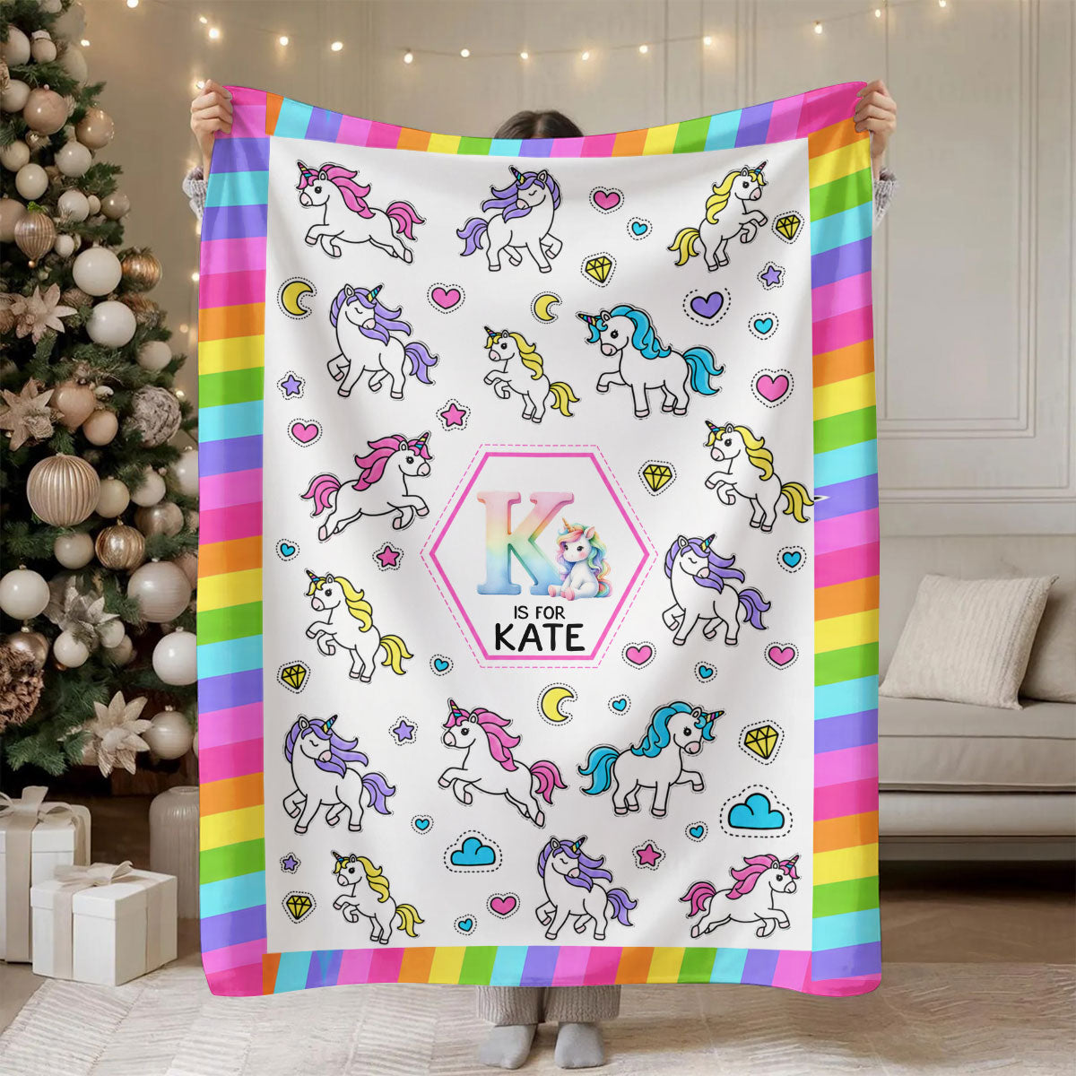 Construction Vehicles Truck, Unicorn Letter - Personalized Blanket
