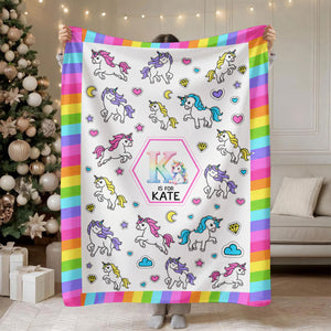 Construction Vehicles Truck, Unicorn Letter - Personalized Blanket