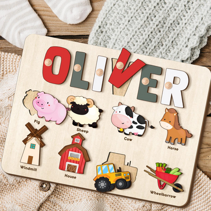 Farm Animal Name Puzzle with Pegs, Wooden Busy Board, 1st Birthday Gift for Kids, Baby Shower Gift, Nursery Decor, Wood Toy for One Year Old