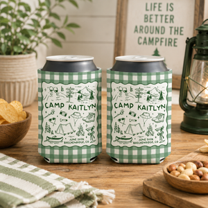 Camp Bachelorette Can Cooler, Bachelorette Camping Drink Holder, Camp Themed Bridal Party Favors, Custom Location Bridesmaid Gifts