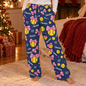 Coquette Bow Softball Custom Name, Number Gift For Softball Player, Softball Team - Personalized Lounge Pants