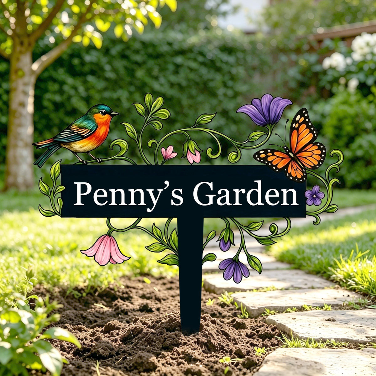 Personalized Garden Sign with Flowers, Custom Garden Name Sign, Metal Yard Art, Garden Decor, Gardening Gifts for Gardeners, Garden Plaque