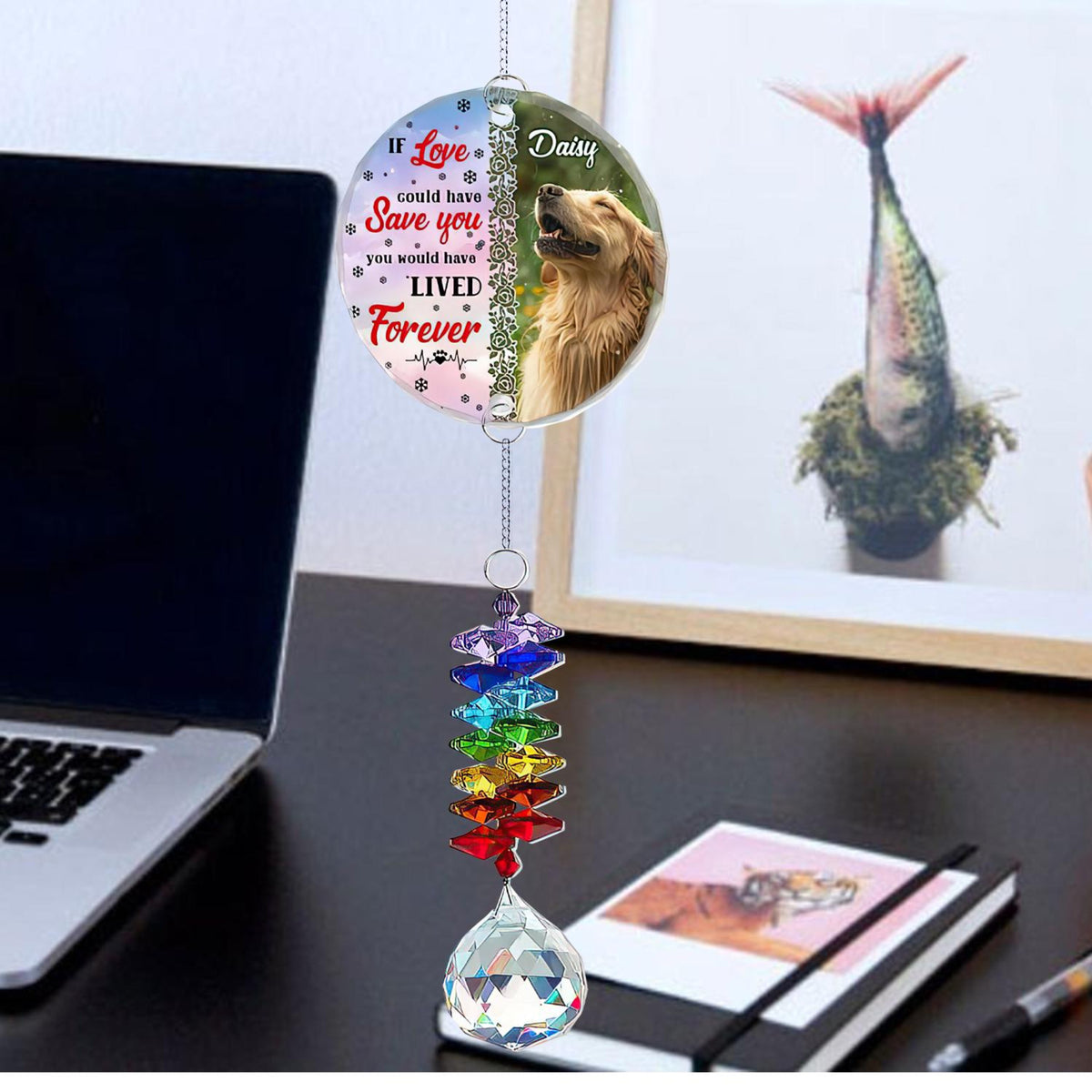 Personalized Dog Photo Memorial Ornament with Crystal Prism, Custom Pet Name Ornament, Smiling Dog Window Decor, Rainbow Maker Memorial Gift