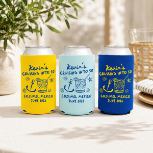 Custom Birthday Cruise Can Coolers, Cruising into 30th, 40th, 50th Personalized Can Sleeves, Custom Beach Boat Birthday Party Favors