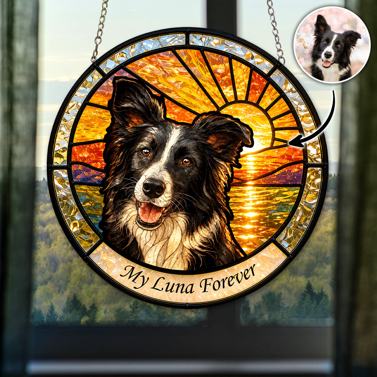 Custom Dog Portrait Stained Glass Suncatcher, Personalized Pet Memorial Decor