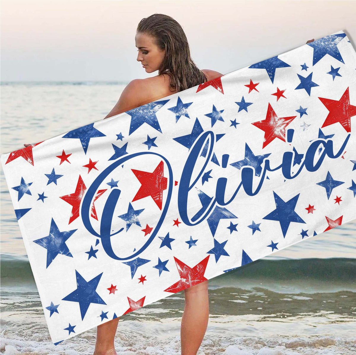 American Stars Beach Towel, Custom Name USA Beach Towel, Sea Holiday, Beach Painting, Summer Season Gift,Patriotic American,Independence Day