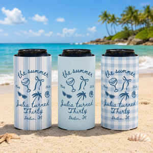 The Summer I Turned Thirty 30th Birthday Can Cooler, 30th Beach Birthday Party Favors, Custom Reusable Can Holders