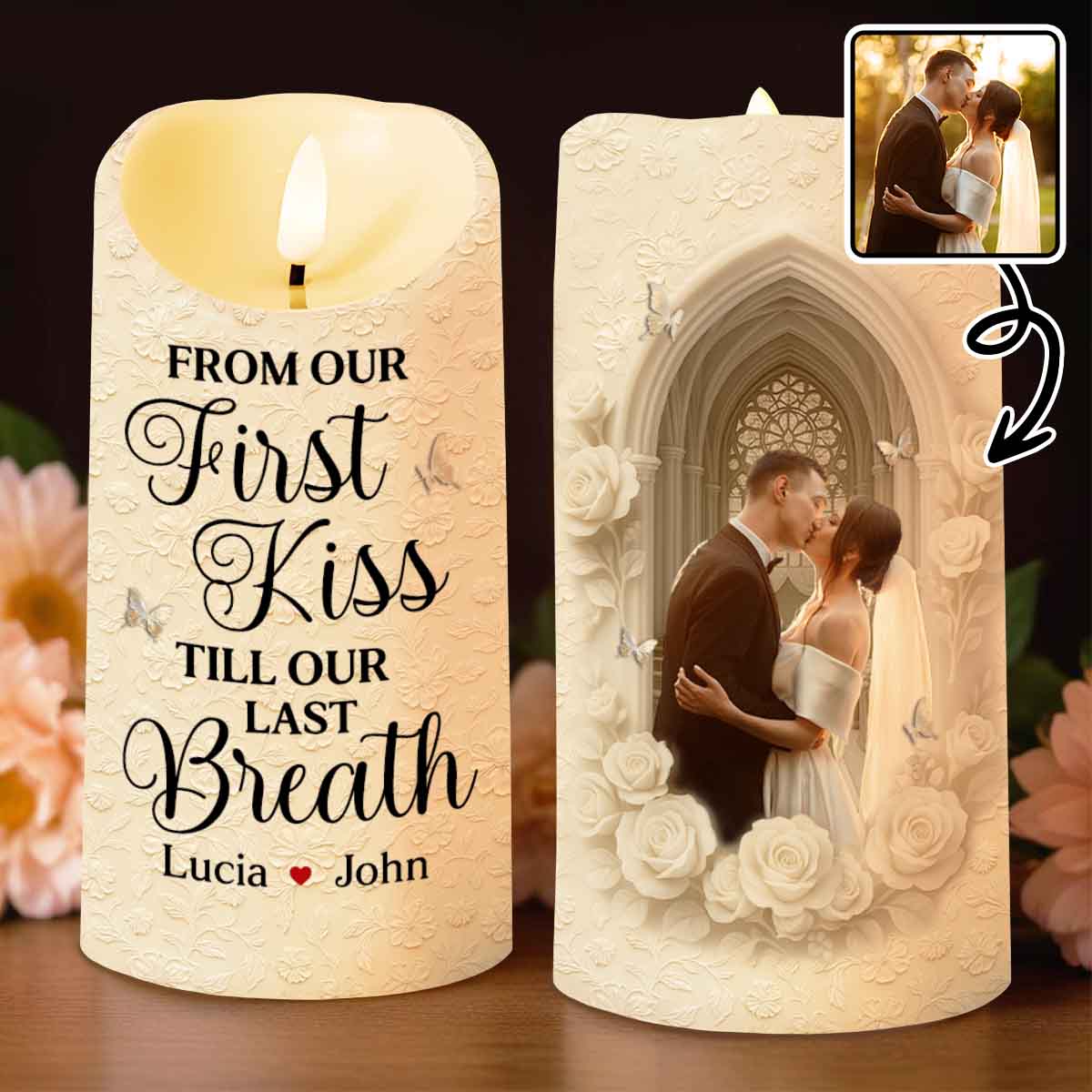 From Our First Kiss Till Our Last Breath With Roses and Wedding Imagery, Custom LED Candle, Gift For Couples