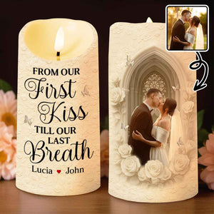 From Our First Kiss Till Our Last Breath With Roses and Wedding Imagery, Custom LED Candle, Gift For Couples
