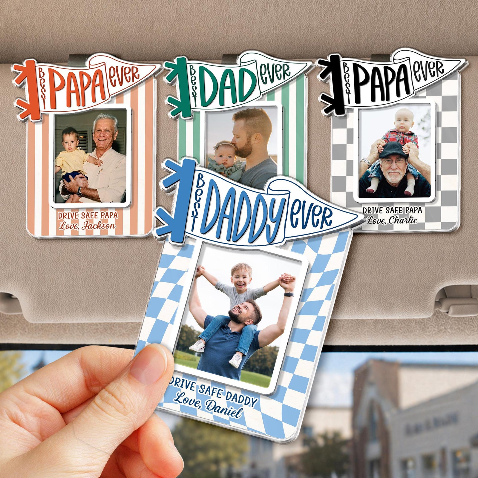 Personalized Best Dad Ever Sun Visor Clip Picture Frame, Custom Photo Car Visor Clip for Dad, Drive Safe Daddy Gifts, First Fathers Day Gift