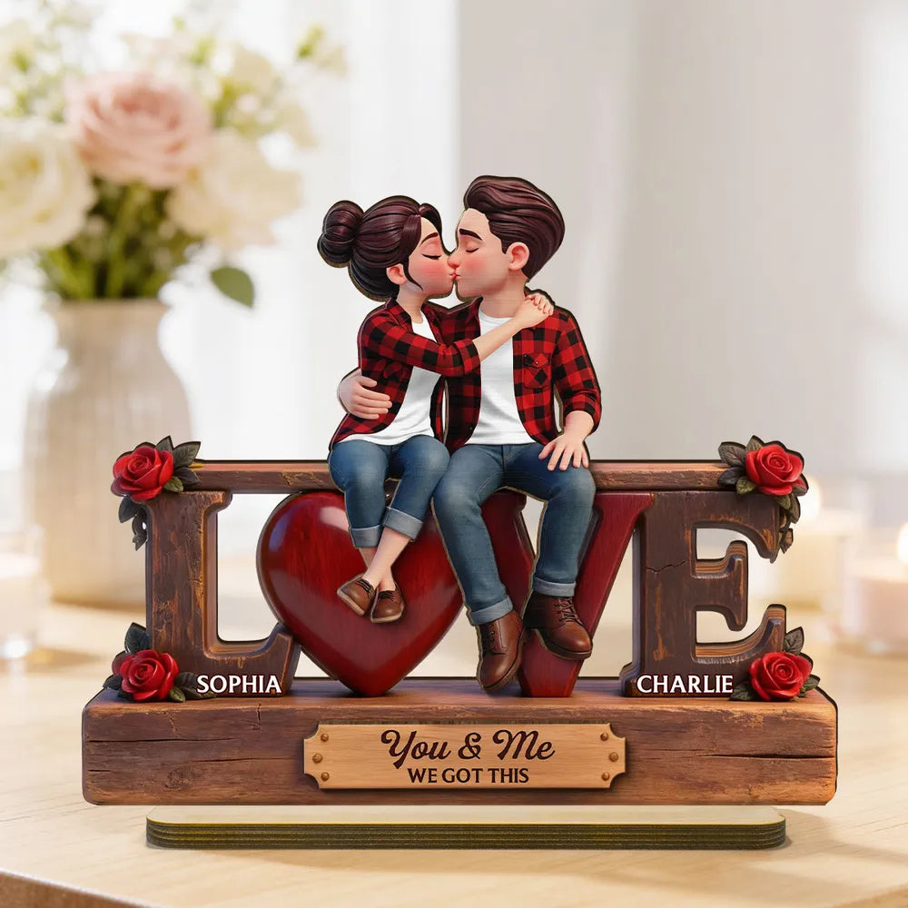 Love Rose 3D Kissing Couple Forever Together - Personalized Wooden Plaque Flat Base - Valentine's Day Gift For Couple
