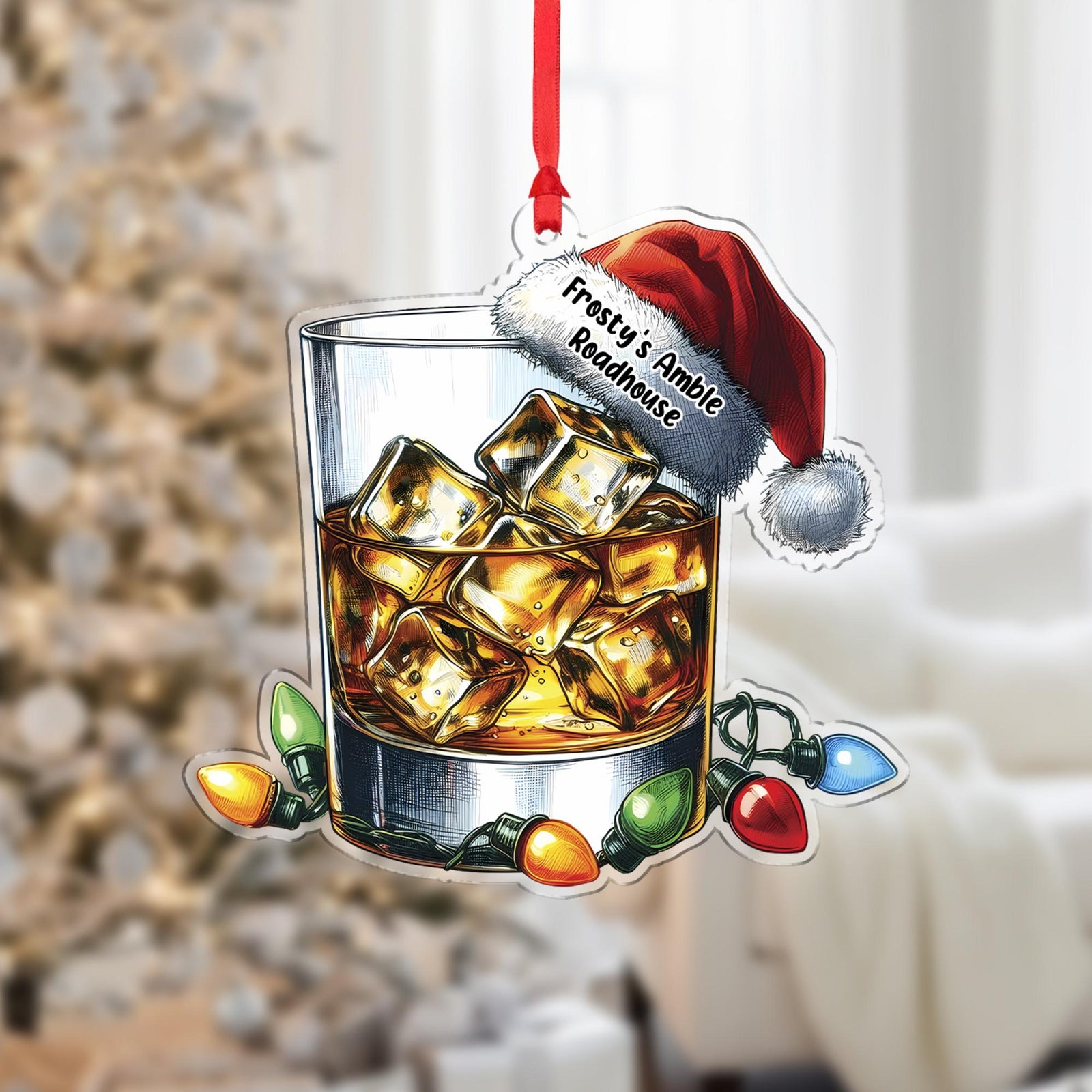 Bourbon Glass Santa Hat - Personalized Acrylic Ornament - Christmas Gift For Friends, Family, Christmas Tree Decoration