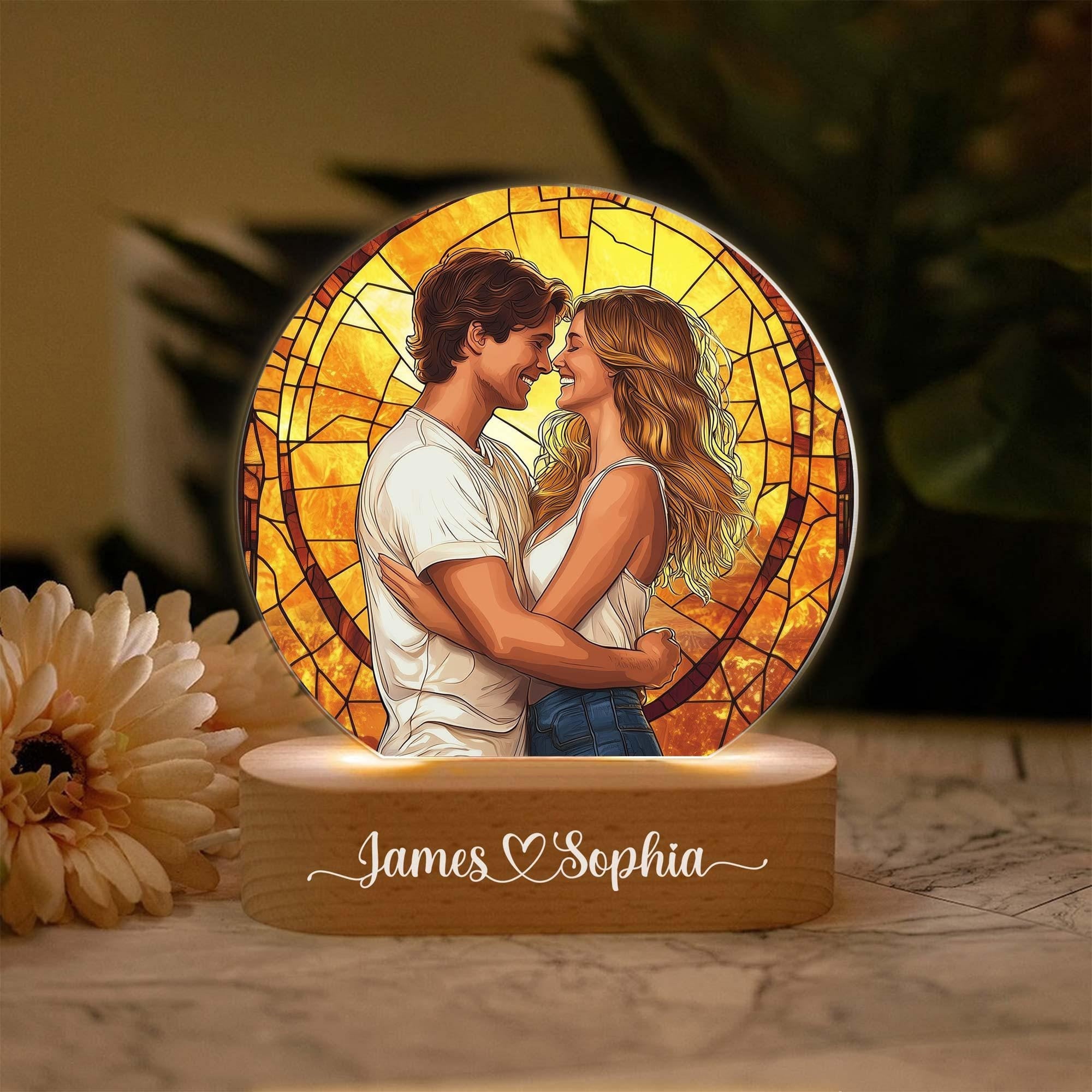Personalised Couple Photo Art Night Light With Wooden Base, Wedding Anniversary 3D Lamp Gift, Valentine's Day Gift For Girlfriend/ Boyfriend