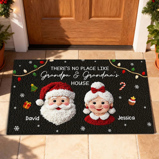 No Place Like Grandma Grandpa Santa Claus - Personalized Doormat - Faux Yarn Effect Christmas Decor, Gift for Grandparents