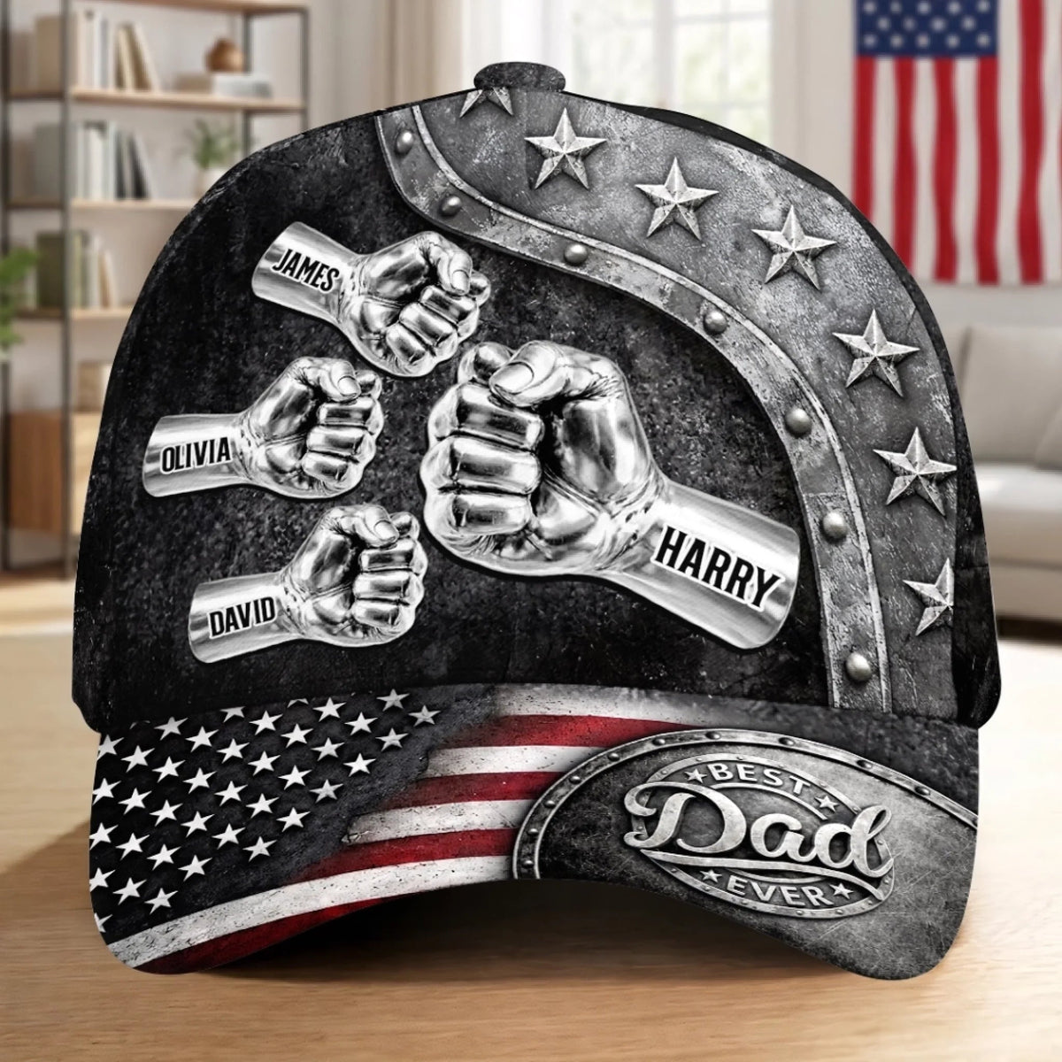 Custom Dad Fist Bump Hat with Kids Names, Personalized Father's Day Classic Cap, Gift For Dad Grandpa